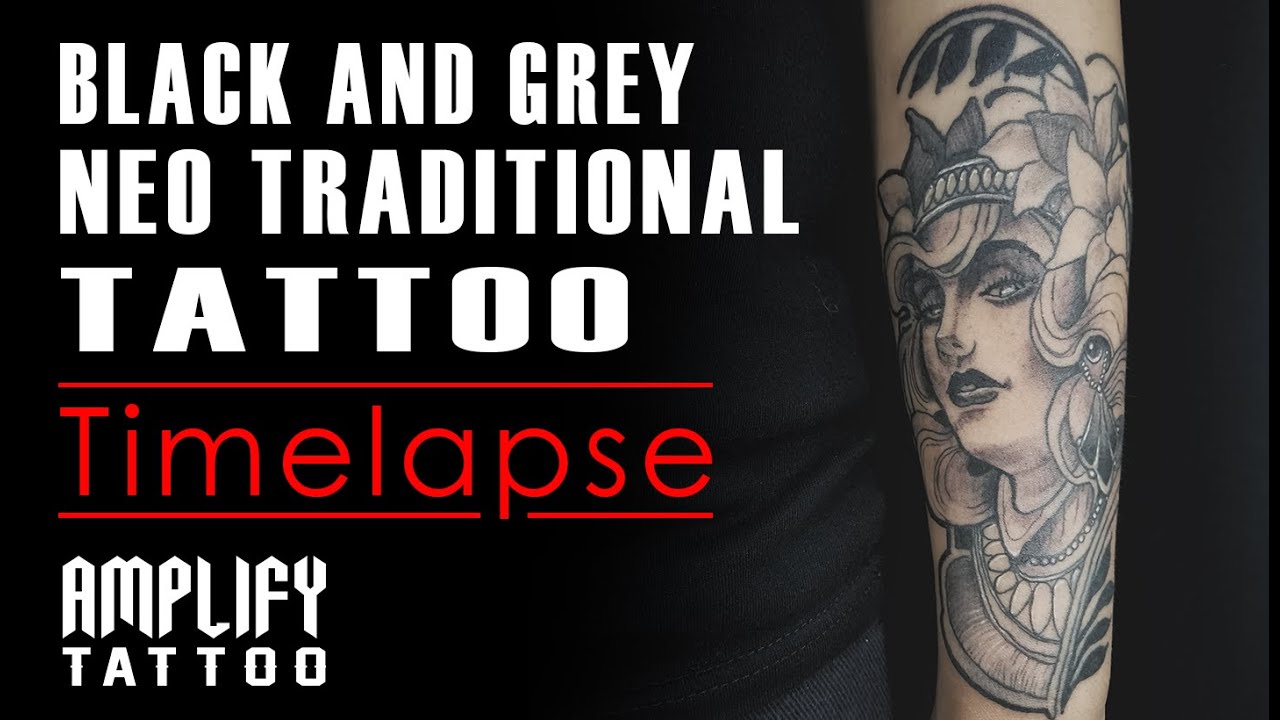 How to tattoo - Black And Grey Neo Traditional Tattoo Time lapse