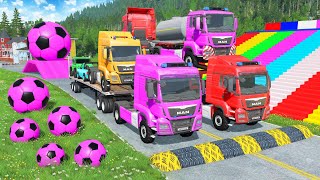 Flatbed Trailer McQueen Transportation with Truck - Speedbumps vs Cars vs Train - BeamNG.Drive #486