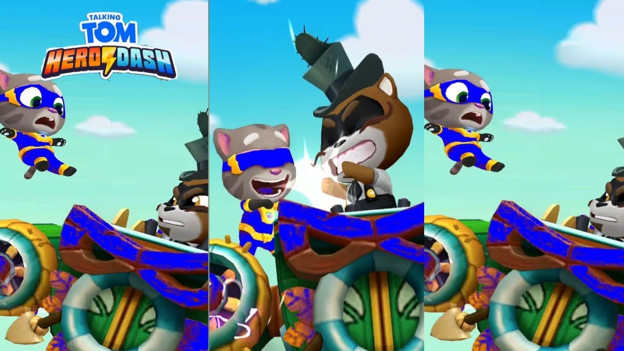 TALKING TOM HERO DASH -- BLUE HERO TOM DEFEAT THE RACCOON BOSS BATTLE IN ONE RUN