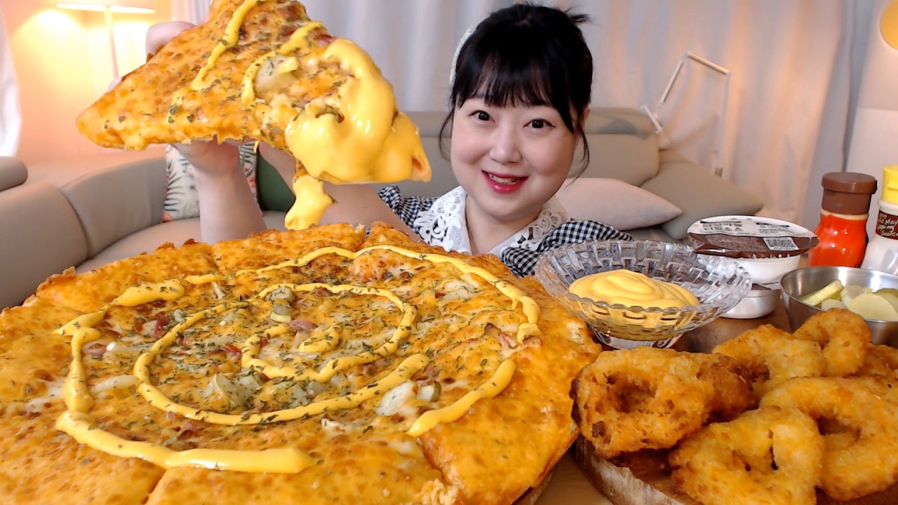 반올림피자 체다치즈추가🧀 치즈버거피자 바삭새우링 치드딥소스 갈릭딥핑소스 먹방 Cheese Burger Pizza Fried Srimp rings Koreanfood Mukbang