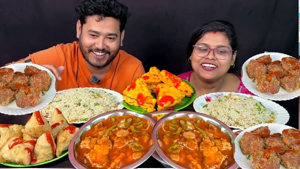 chilli chicken, fried rice, chicken pakora, samosa and bread chop eating challenge