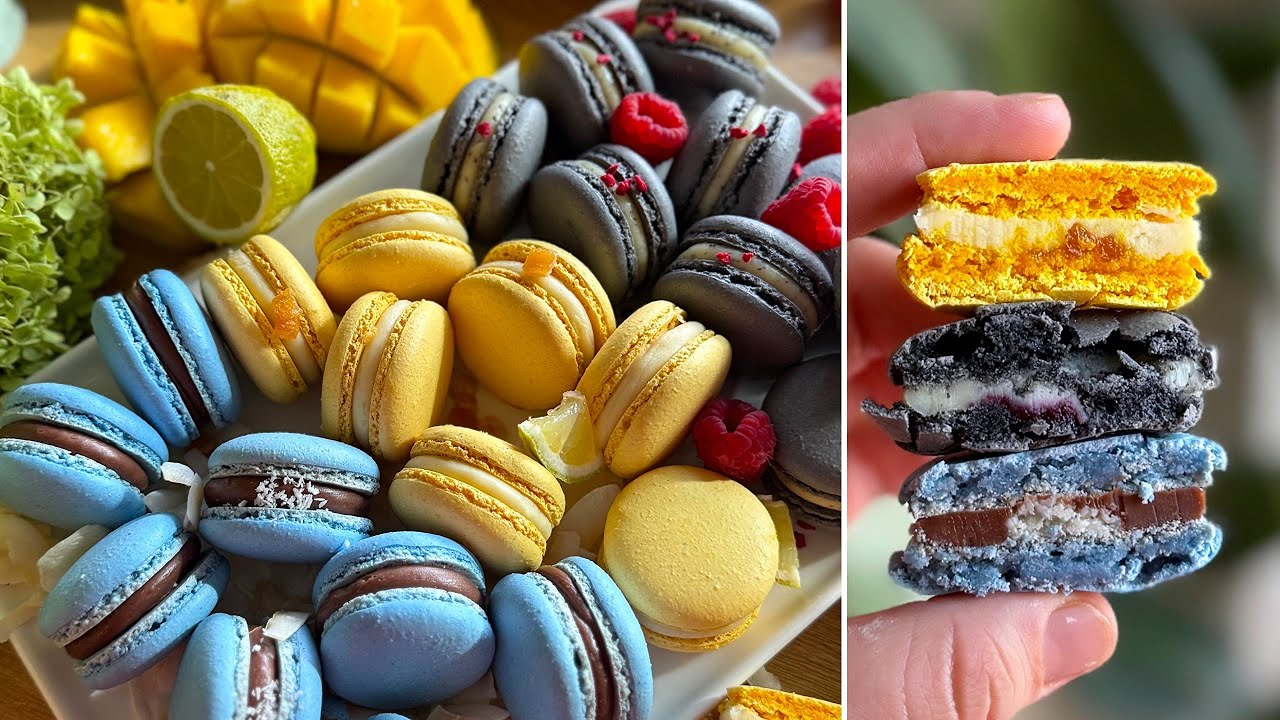 MACARON MARATON💛🖤💙 Természetes színezékek - 3 új íz! Macaron töltelék/ ganache - BebePiskóta 