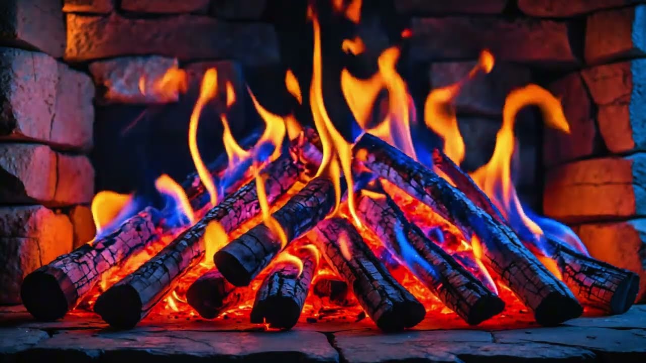 Fireplace With Blue-Orange Flames and Brick Wall Background For Cozy Ambience - Relaxing Fireplace