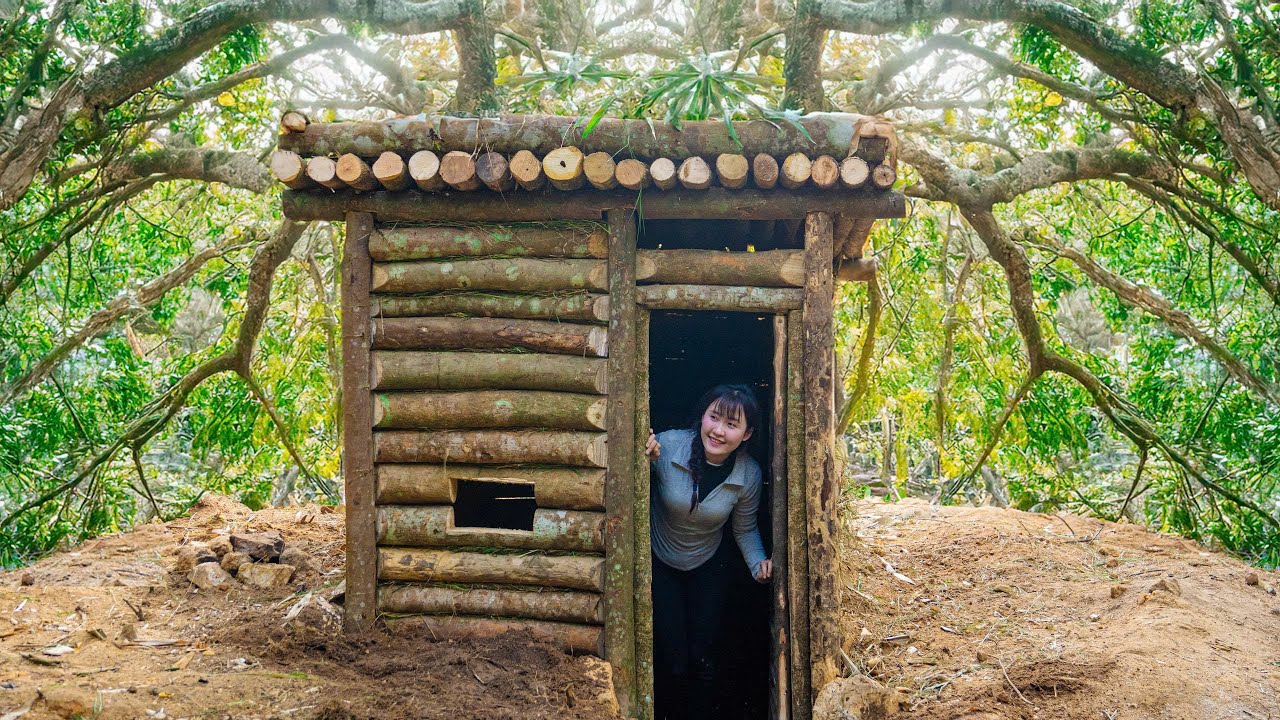 Building a Hidden Wooden Shelter Deep in the Forest