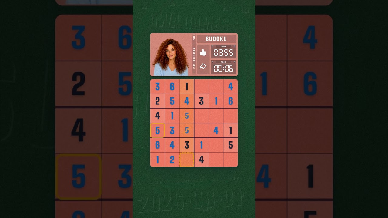 LinkedIn Mini Sudoku #355 solved board for August 1, 2026, 6x6 grid