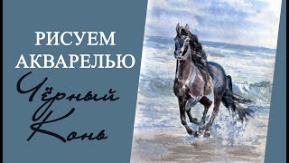 Как нарисовать черного коня (лошадь) акварелью. Watercolor Black Horse Painting Demonstration