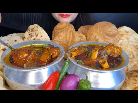 ASMR EATING PURI,MUTTON CURRY,LIVER CURRY,PARATHA,RUMALI ROTI *FOOD VIDEOS* #spicy