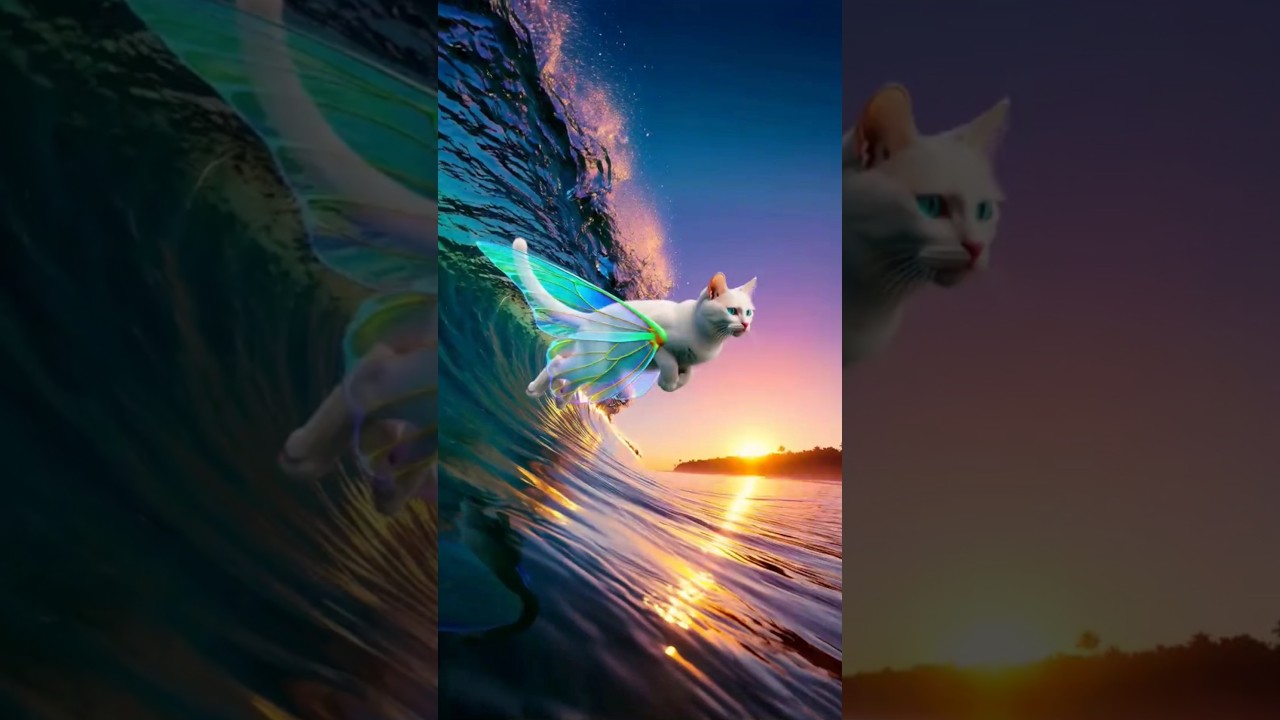 ✨ Majestic White Cat with Morpho Butterfly Wings 🌟 Turquoise & Gold Flight Over Tropical Waves 🌊