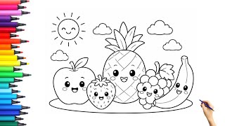 How to Draw Cute Fruits for Kids 🍎🍓🍍🍌 | Easy Fruit Drawing & Coloring Page 🎨🌈