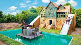 Build Most Beautiful Villa With Swimming Pool and Grill Pig roast In Jungle