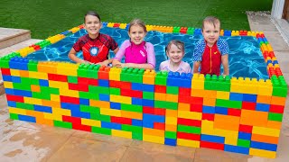 Five Kids How to Swim in the Kids Pool and Plays with Fun Water Toys