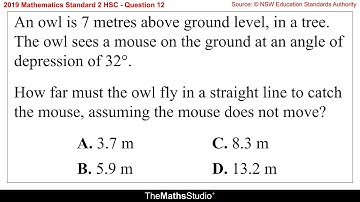 2019 Maths Standard 2 HSC Q12 Find direct distance using trigonometry given the angle of depression