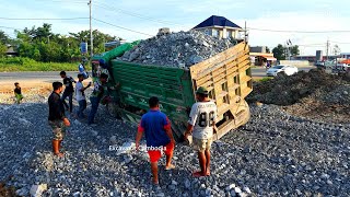 Dump Truck Drive Back Unloading Stuck Recovery By Sany Excavator And Bulldozer - Dozer Pushing Rock