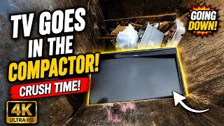 SO MUCH GLASS! Big Screen TV + Glass Tables CRUSHED Into the Compactor | ASMR