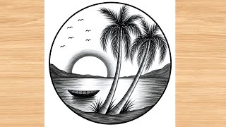 Easy Circle Scenery Drawing with Pencil | Sunset Landscape Sketch Step by Step