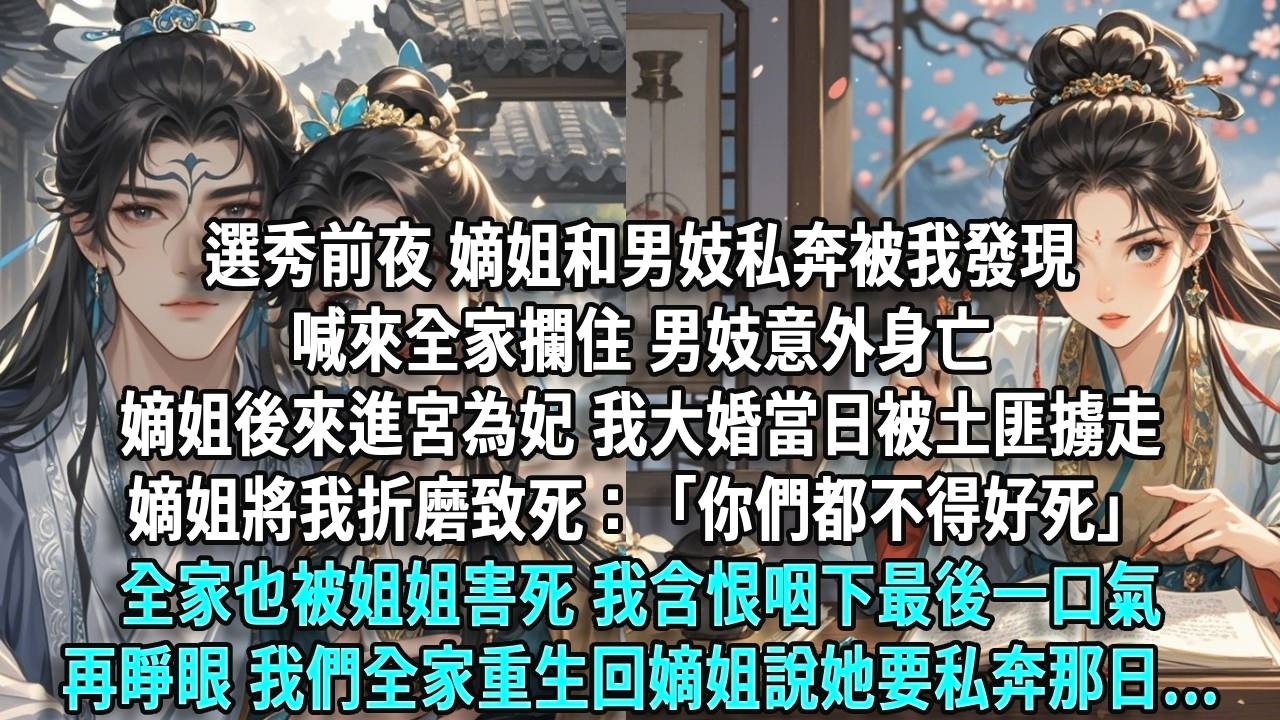 選秀前夜，嫡姐祕密和南風館男妓私奔，被我發現後喊來全家攔住，男妓意外身亡，嫡姐卻平靜進宮為妃，後來我大婚當日被土匪擄走，嫡姐將我折磨致死：「去死吧！你一個告密者也想和心上人白頭？」我含恨咽下最後一口氣