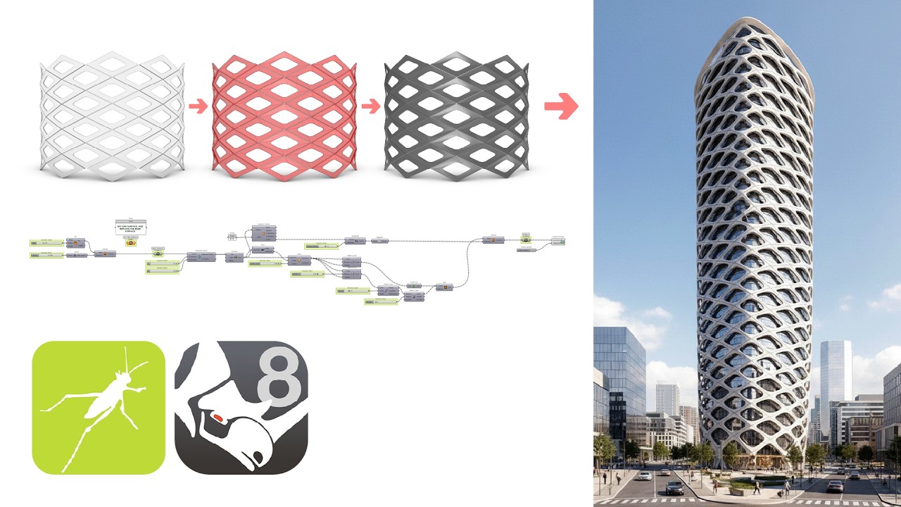 Diamond Diagrid Facade Skin / Envelope Grasshopper Rhino Parametric Script and Full Length Tutorial