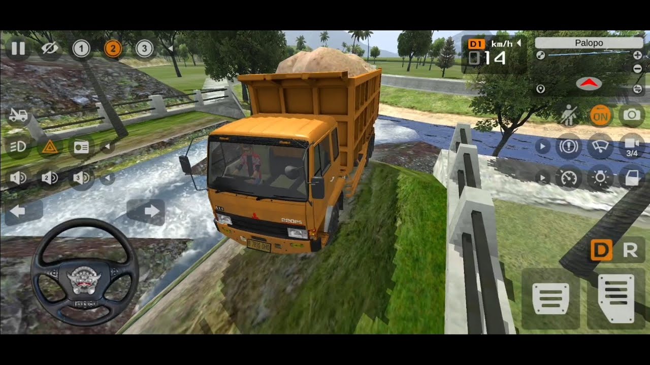 PERMAINAN DUMP TRUCK FUSO 220 PS MUAT PASIR LEWATI ARUS YANG DERAS - GAME BUS SIMULATOR INDONESIA