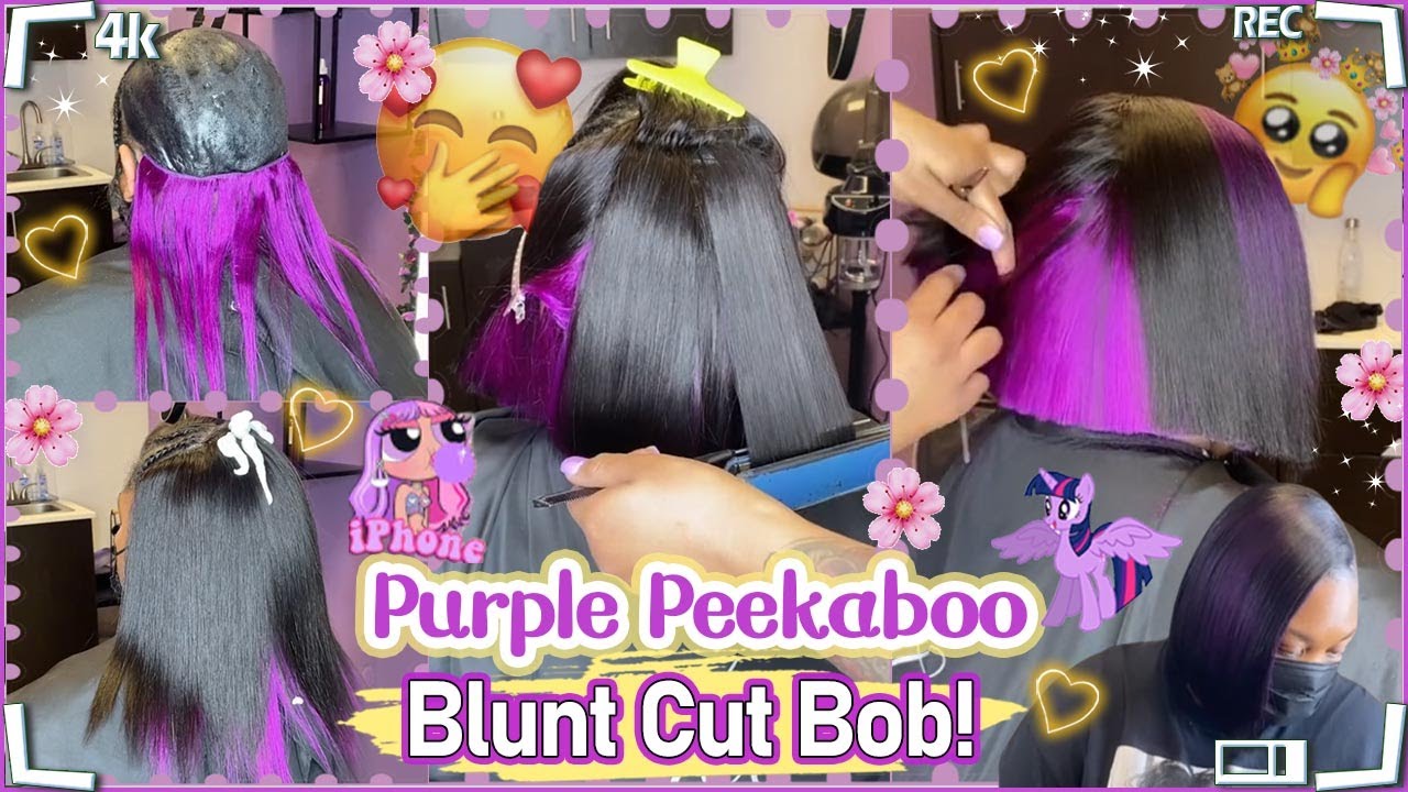 💜How To Quick Weave Bob Hair Style?Purple Peekaboo Color Blunt Bob 