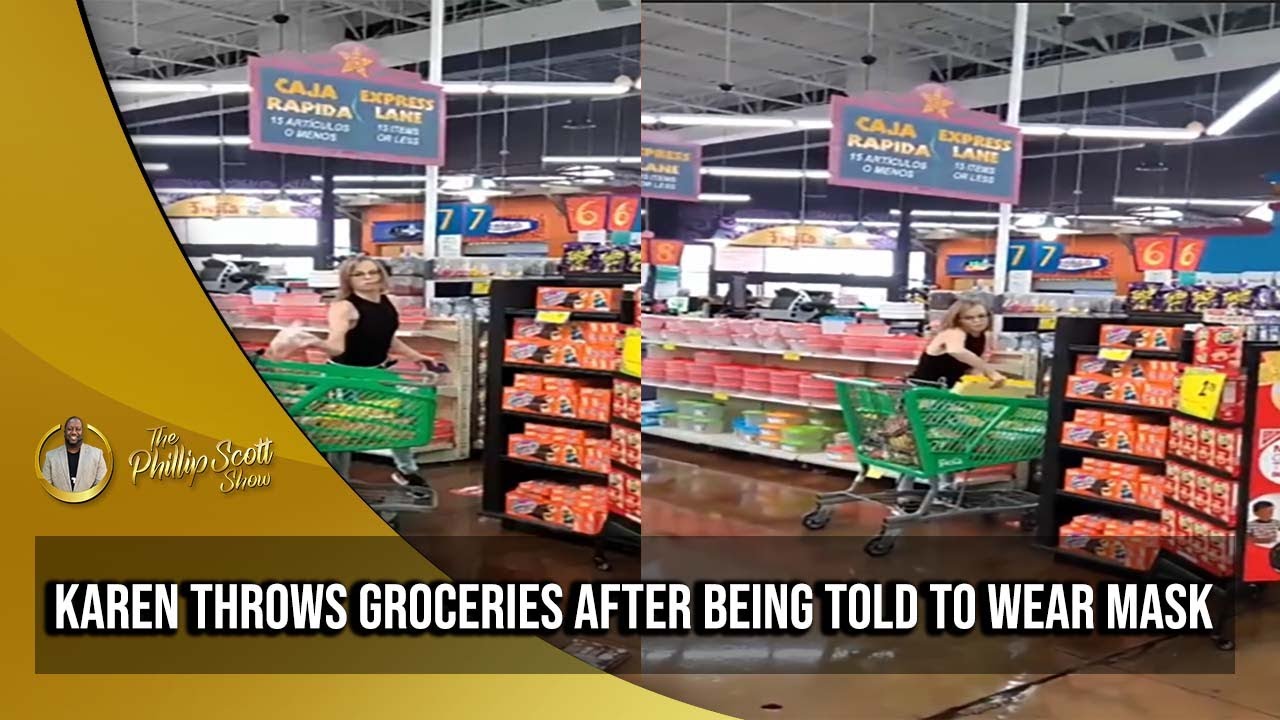 Karen Throws Groceries Out Of Cart After Being Told To Wear A Mask