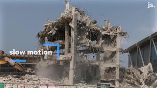 Slow motion video of the last chunk of the Bradley Center crashing to the ground