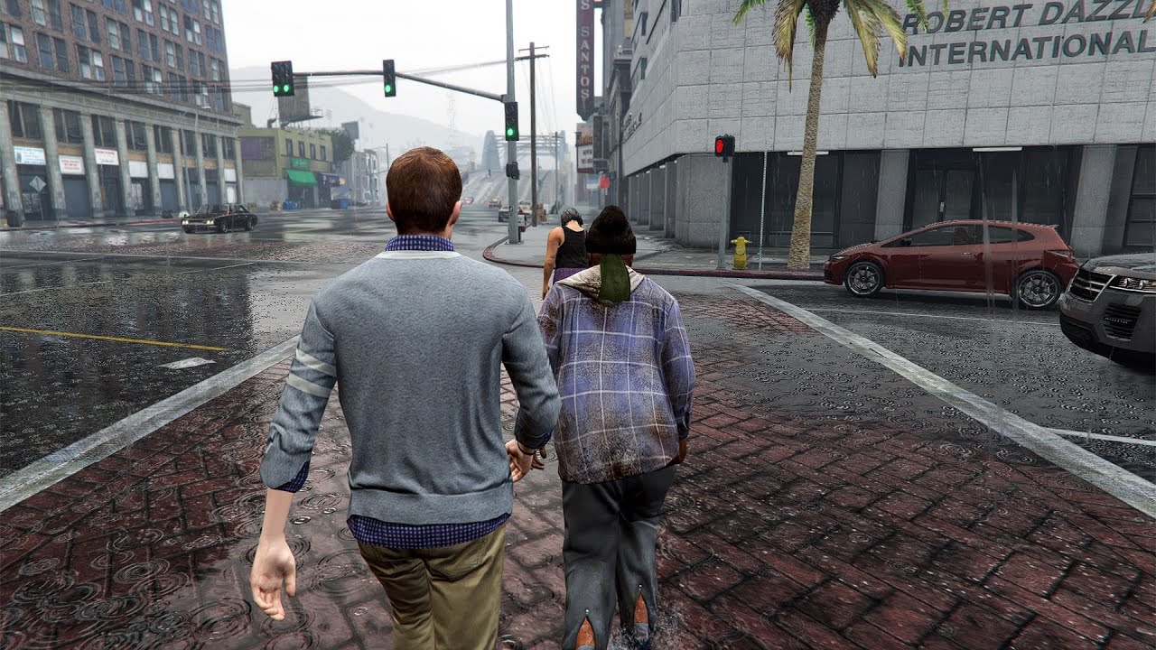 1 Hour Walking in GTA 5 | Light Rain Ambience | Relaxing Gameplay