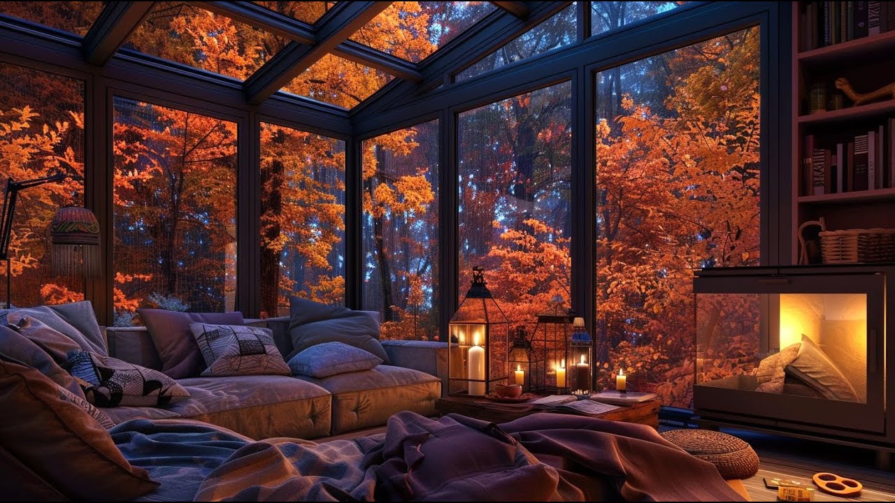 Cozy Cabin in Autumn Rain | Thunderstorm, Fireplace & Window Ambience ...