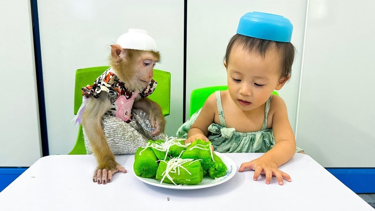 Monkey Kaka and Diem enjoy eating delicious steamed cassava with coconut.