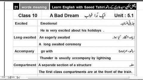 Class 10th Words Meanings- A Bad Dream unit 5.1 new English book sindh-English with Saeed Tahiri