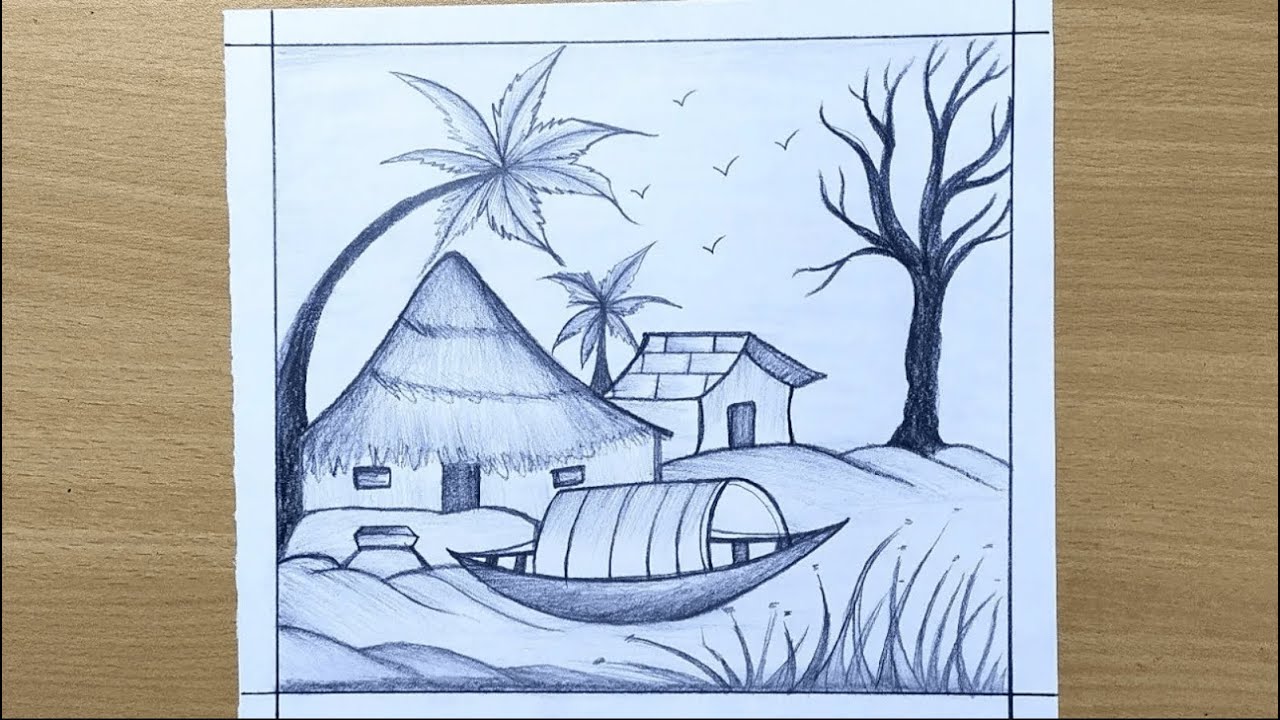 How To Draw A Hut Scenery Drawing // Nature Scenery Drawing // Pencil ...