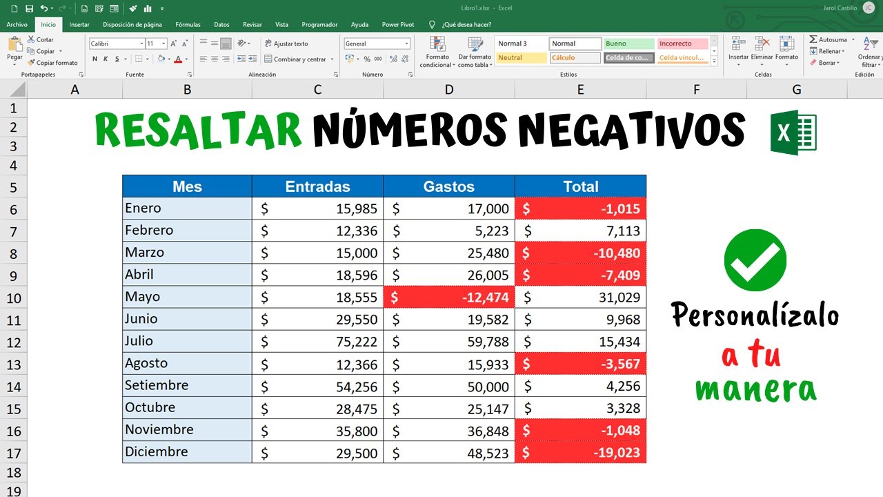 Como RESALTAR NÚMEROS NEGATIVOS en EXCEL - Personalízalo a tu manera