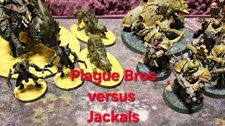 Grimdark Future 2k point Battle Report. Plague Brothers versus Jackals.