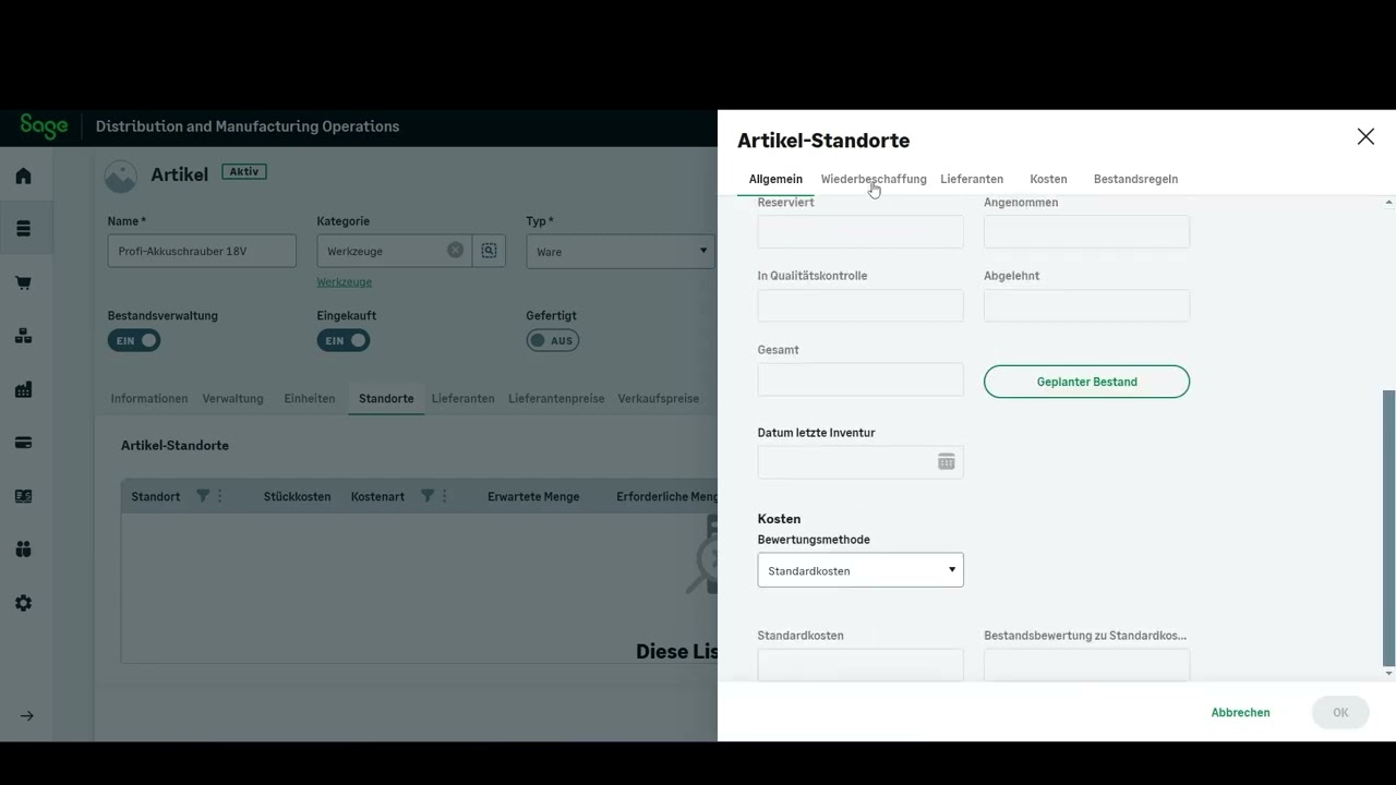 Artikelanlage in Sage Distribution and Manufacturing Operations (SDMO)