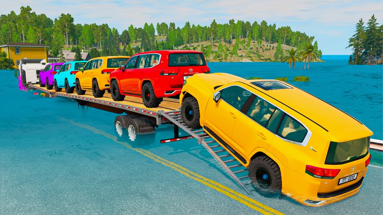 Triple Flatbed Trailer McQueen Transportation with Truck - Speedbumps vs Cars vs Train - BeamNG #16