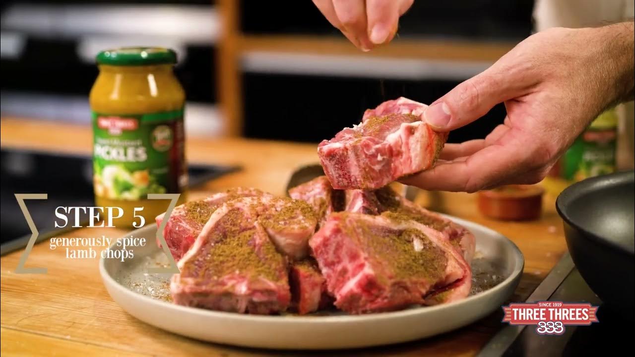 Three Threes Condiments Curried lamb chops, cucumber and coriander salad, mustard pickle
