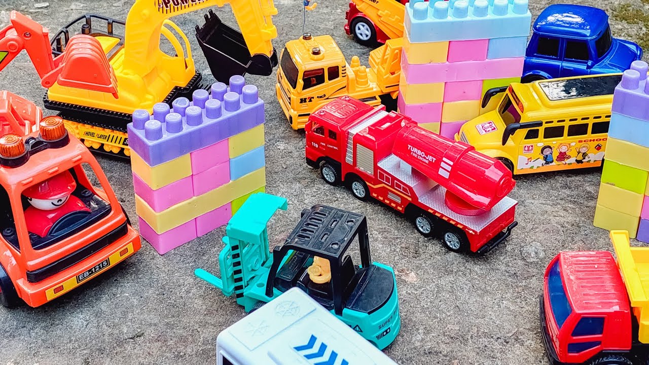 Toy Bridge Building Vehicles, Fire Truck, and Big Truck