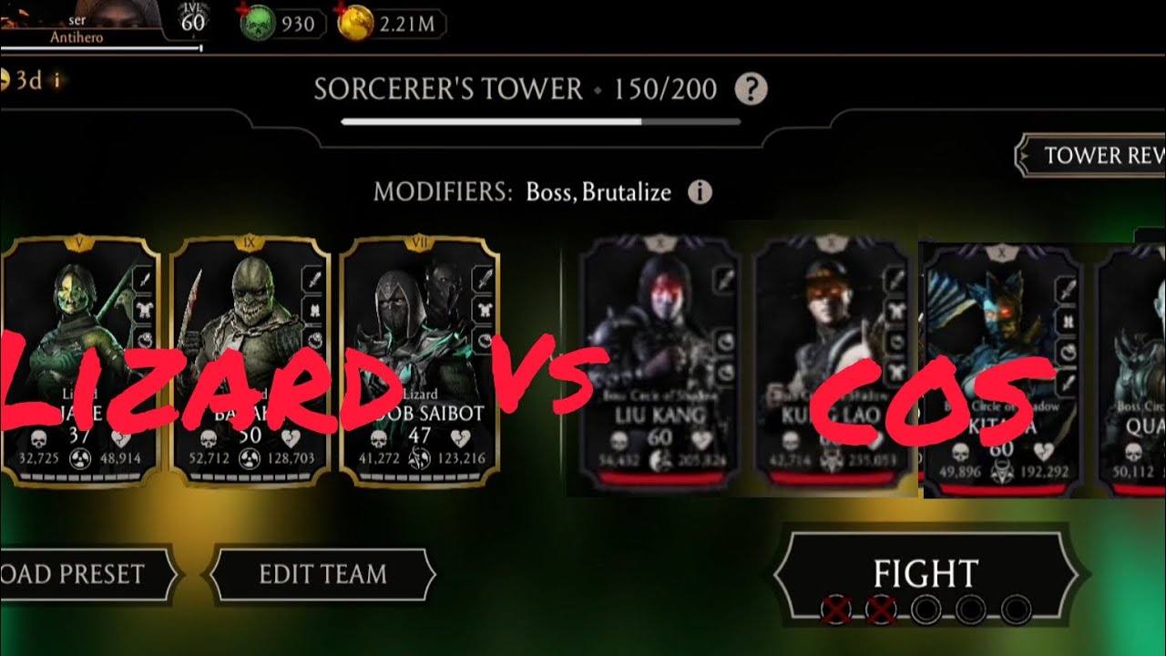 Mk mobile. Sorcerers tower. Boss -130 and 150. Lizard team vs COS team. 