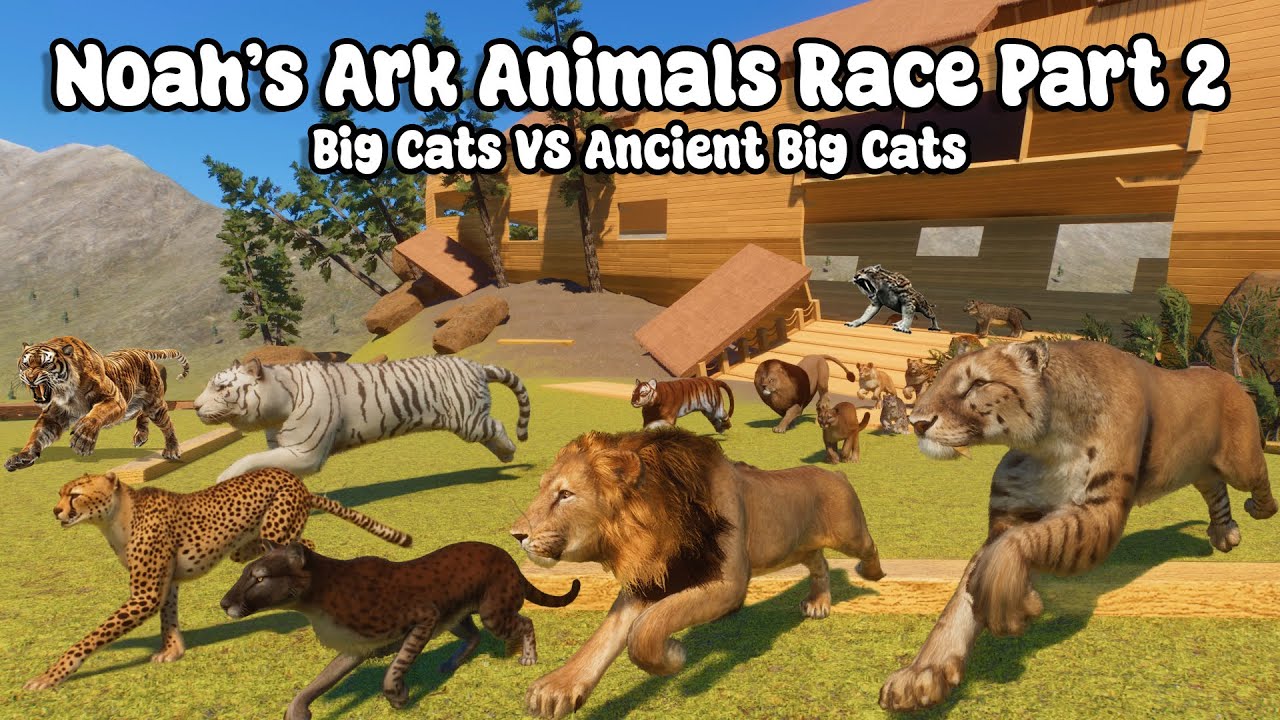Гонка 50 больших кошек против 50 древних больших кошек в игре Noah's Ark Planet Zoo, включая льва...