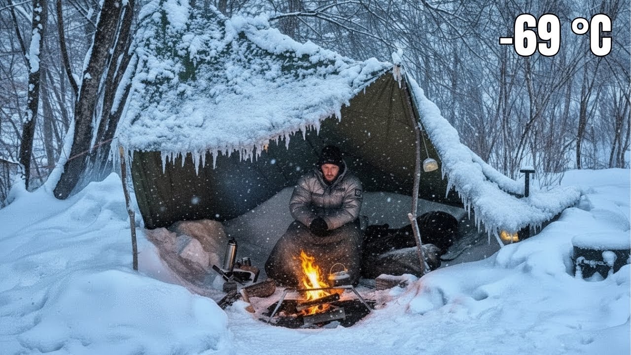 No Tent Winter Camping — Heavy Snow, Roast Chicken & Blizzard ASMR | Off Grid Simple Life