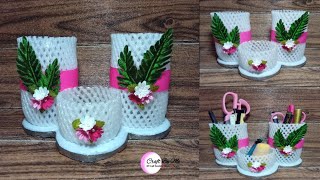 Membuat Tempat Pensil dari Botol Plastik Bekas dan Jaring Buah | Plastic Bottle Pen Stand