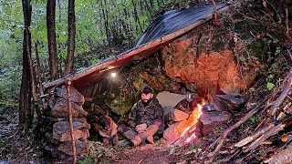 Bushcraft SURVIVAL CAMPING in the RAIN  Stone Shelter Build, Outdoor Cooking, Nature Adventure