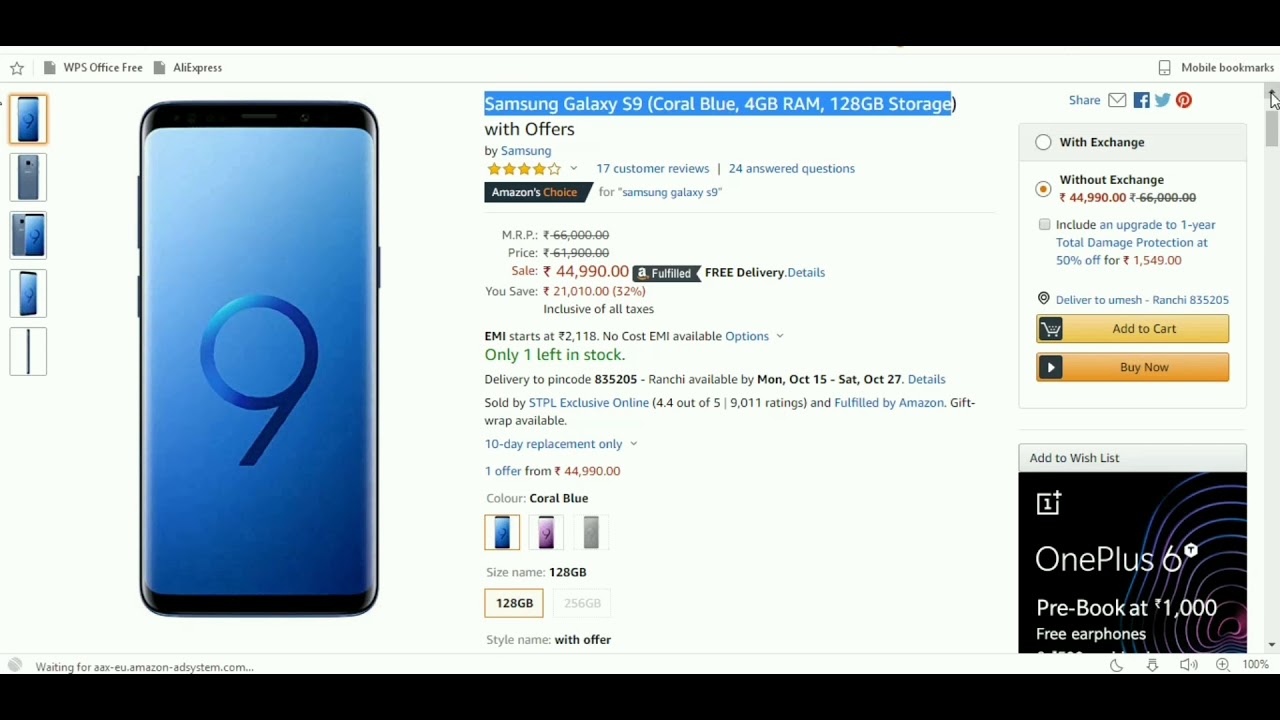 Samsung Galaxy S9 !! 4GB RAM, 128GB Storage !! Amazon offer today