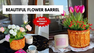 DIY Barrel Vase Using Cardboard &amp;Plastic Bottle|Easy Cardboard Craft|Gluegun Art| DIY Flower Vase