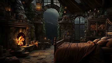 Dreamy Forest Castle, Rain and Distant Thunder - Fireplace Ambience for Calm and Deep, Restful Sleep