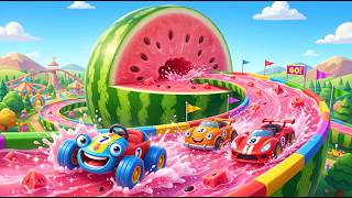 Giant Watermelon Challenge! 🍉🏎️ Funny 3D Cars & Pink Juice Slide Cartoon for Kids screenshot 3