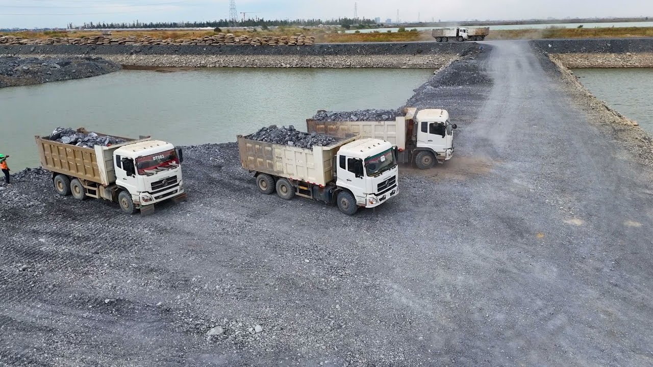 Part 03! New project to lay stones on the lakeside road with a team of machinery and trucks.