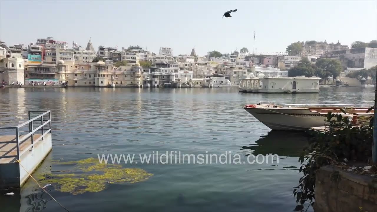 Hanuman Kund lake in Udaipur, Rajasthan, with boats on placid water surface