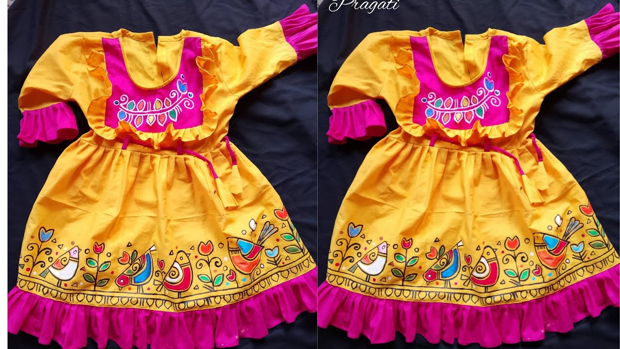 Fabric painting baby dress.Hand paint jama. Design baby frock. hand