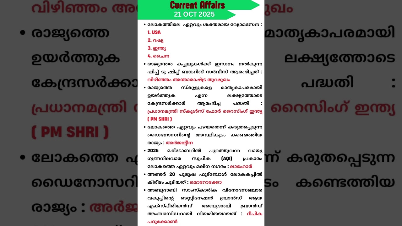 21 October 2025 Current affairs Malayalam Kerala PSC 