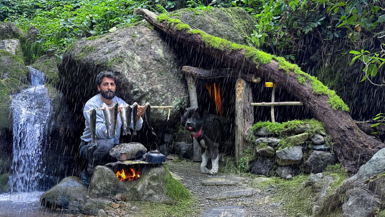 SOLO SURVIVAL CAMPING in HEAVY RAIN, STORM. Primitive Fishing. Building ...